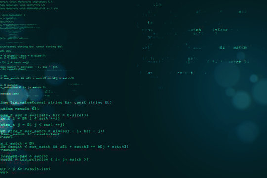 Abstract green coding backdrop with text.