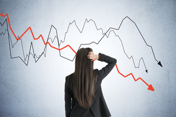 Pencive businesswoman looking on crash crisis chart.