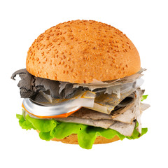 Fresh tasty burger with plastic waste inside isolated on white background. Recycled waste in food concept. Plastic pollution