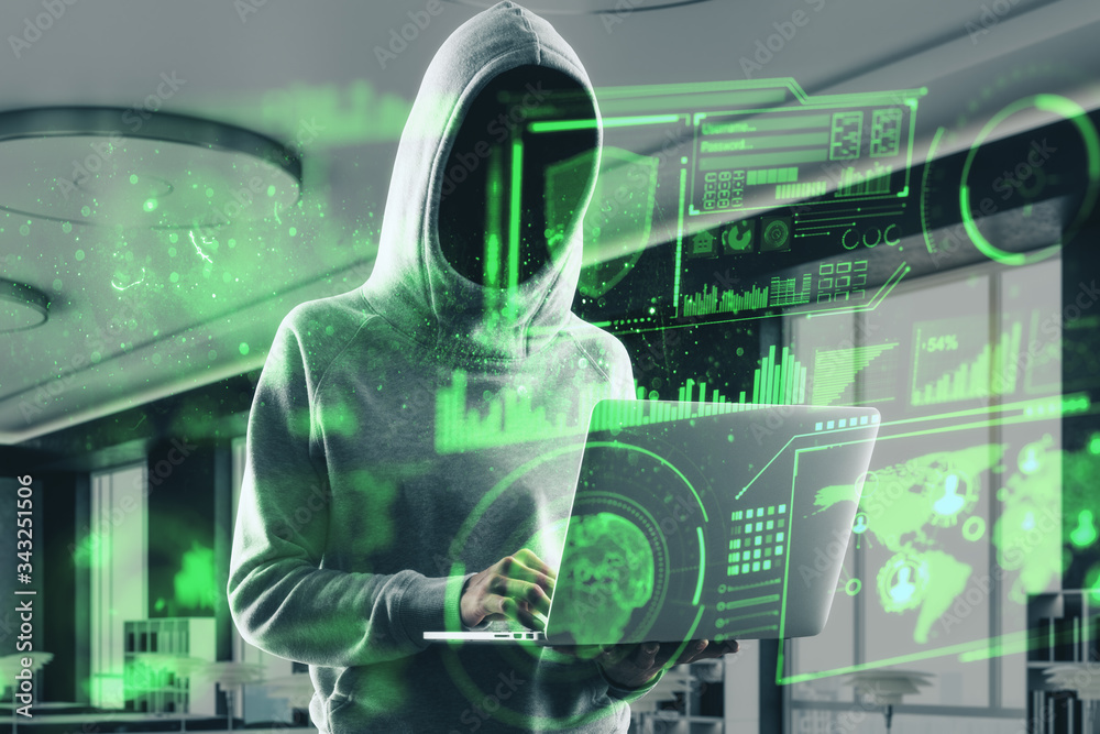 Aufkleber Hacker using laptop and digital screen with security project.