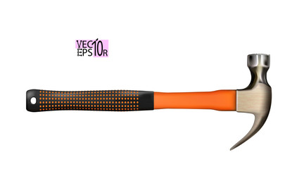 Modern steel realistic hammer with orange handle of fiberglass covered with rubber. Work tool isolated on white background. Vector illustration.