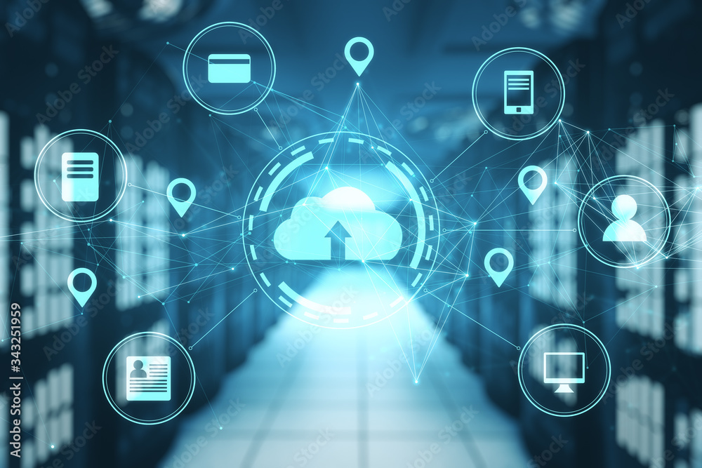 Poster Server room with networking cloud diagram in data center.