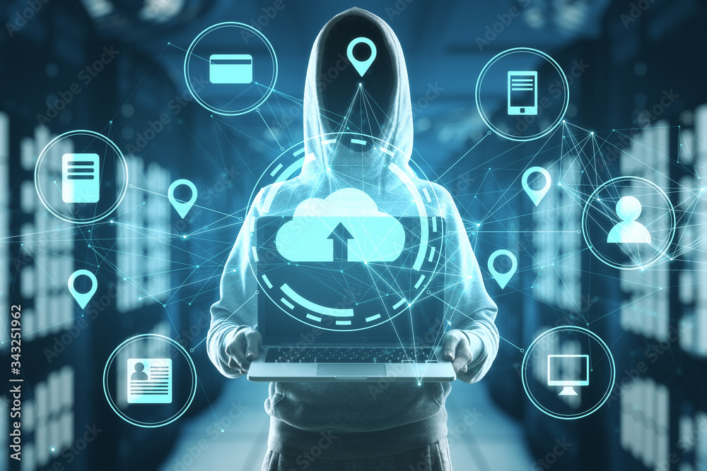 Poster hacker with laptop in server room