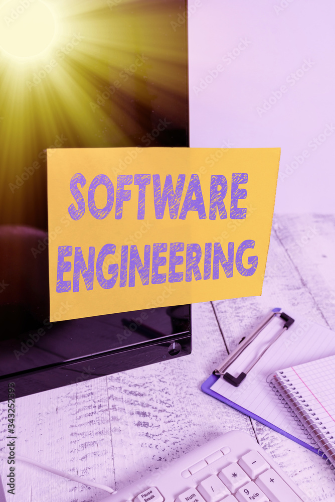 Poster handwriting text writing software engineering. conceptual photo program development in systematic qu