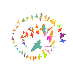 Multi-colored birds. Abstract bird mosaic. A flock of flying rainbow birds. Vector illustration