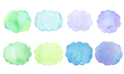 Watercolor set of colorful stains. Blue, green, purple watercolor stains. Hand painted abstract texture backgrounds. Hand drawn illustration. Design for backgrounds, wallpapers, covers and packaging.