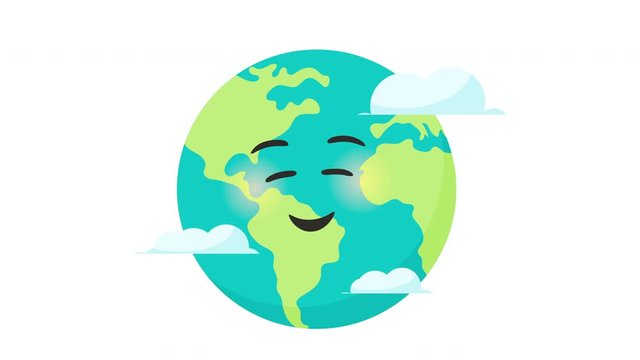 Animated colorful earth character globe emoji. Sustainable living concept. Friendly kawaii earth character motion graphic design.  Eco friendly, save ecology, Earth day concept. World map globe. Earth