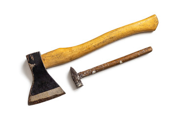 Carpenter's axe and hammer isolated on white background