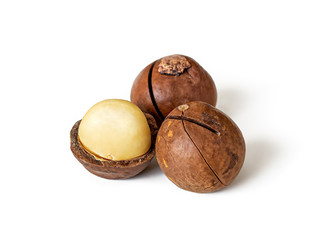 Three Australian macadamia nuts on white