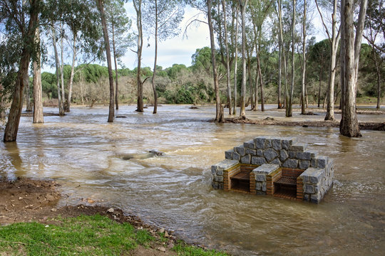 Overflowing of the Yeguas river near the central hydroelectric reservoir of Encinarejo, near Andujar, Sierra Morena, province of Jaen, Andalusia, Spain