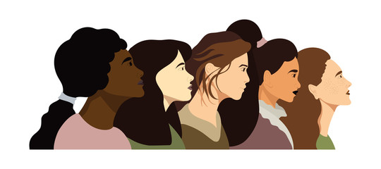 Five women from different religions of skin color races are fighting for their rights. Women have the same rights as men. Concept of the female's empowerment movement. Flat cartoon illustration.