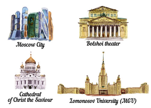 Watercolor architecture objects of Moscow. Moscow City, Bolshoi theater, Cathedral of Christ the Saviour, Lomonosov University