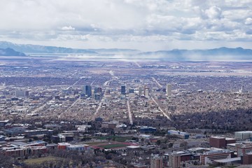 Salt Lake Valley and City panoramic views from the Red Butte Trail to the Living Room, Wasatch Front, Rocky Mountains in Utah early spring. Hiking view of trails around the University and Gardens and 