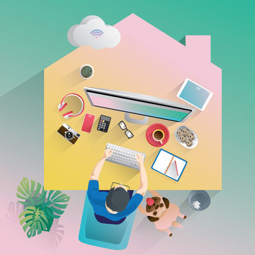 Work From Home Concept, Young People, Man And Woman Freelancers Working On Laptops At Home. People At Home In Quarantine Businessmen Staying Home Distance, Home Office, Vector Illustration Flat Design