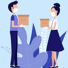 Delivery man safe ordered. Quarantine coronavirus epidemic. Courier protected medical mask and gloves. Safe food delivery and stay home.