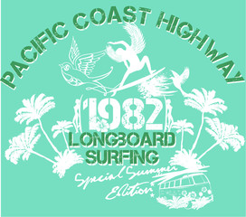 Surfer print and embroidery graphic design vector art
