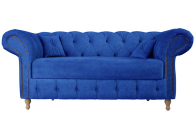 Navy blue sofa with pillows on wooden legs isolated on white. Darck blue suede couch isolated