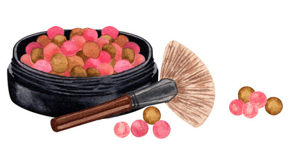 Watercolor make up products. Hand drawn cosmetics set of pearl powder, brush, powder on white background