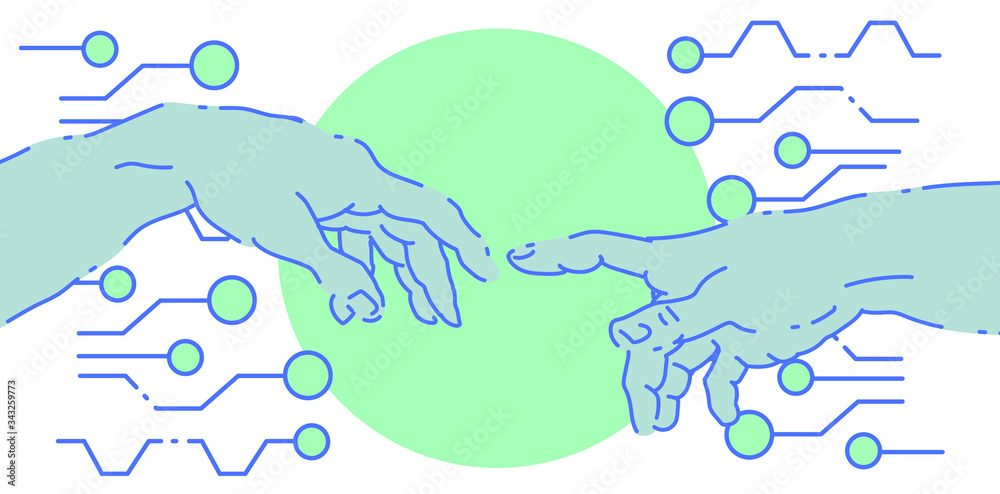 Poster The creation of Adam in futuristic style with circuit elements. Two hands goind to touch together, sybolism of connection, cyberfuture and robots.