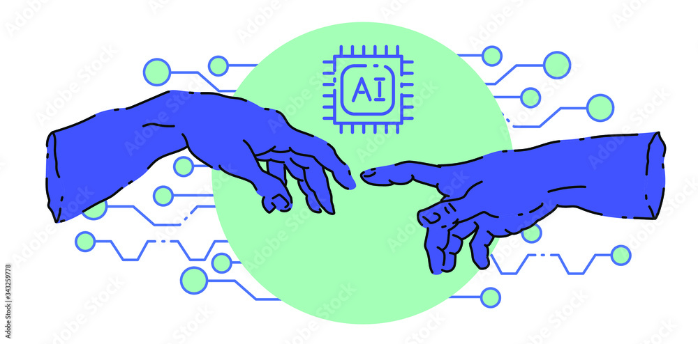 Poster The creation of Adam in futuristic style with circuit elements. Two hands goind to touch together, sybolism of connection, cyberfuture and robots.