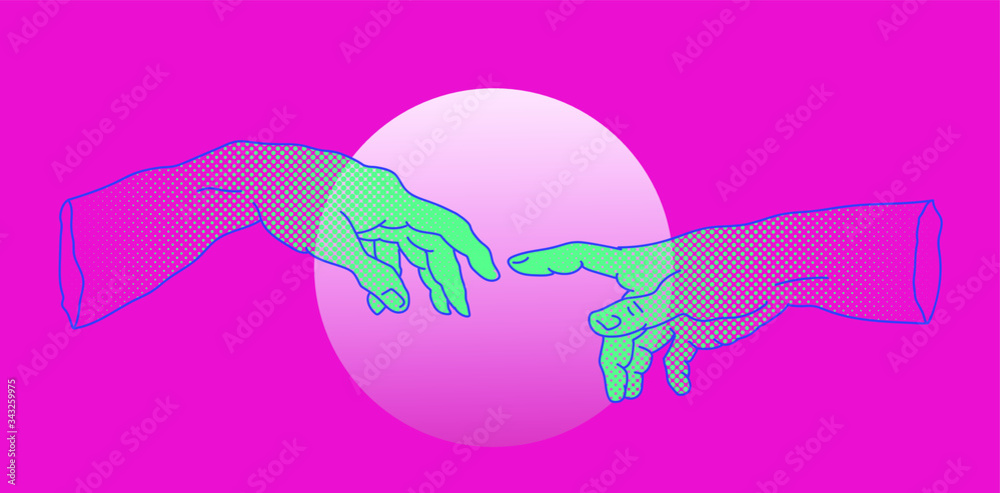Poster the creation of adam. vector hand drawn illustration from a section of michelangelo's fresco sistine