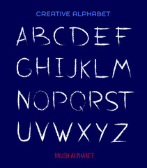 Brush Font. Alphabet from paintbrush strokes. Distress texture. Grunge design elements. Display English letters. Handwritten symbols. Vector hand drawn type.