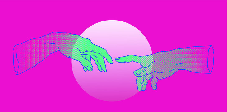 The Creation of Adam. Vector hand drawn illustration from a section of Michelangelo's fresco Sistine Chapel ceiling in neon pink vaporwave style. Fashion print for t-shirt or cover.