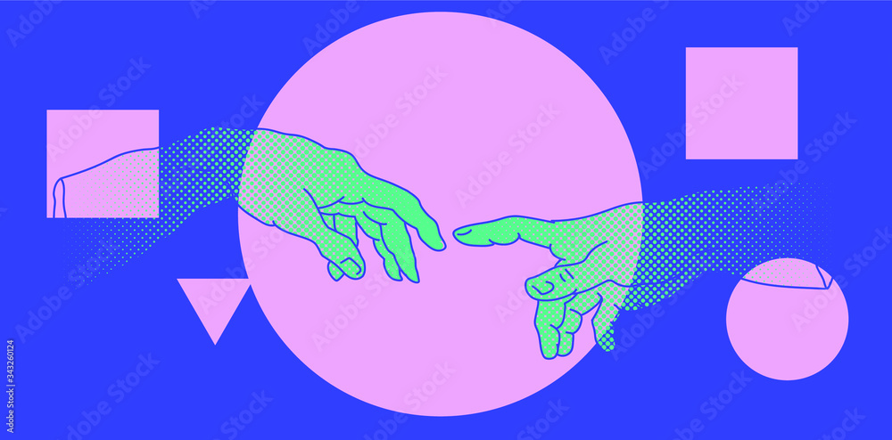 Poster The Creation of Adam. Vector hand drawn illustration from a section of Michelangelo's fresco Sistine Chapel ceiling in neon pink vaporwave style. Fashion print for t-shirt or cover.