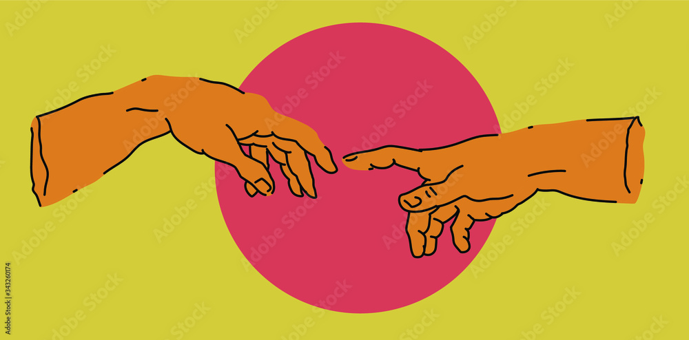 Poster the creation of adam. vector hand drawn illustration from a section of michelangelo's fresco sistine