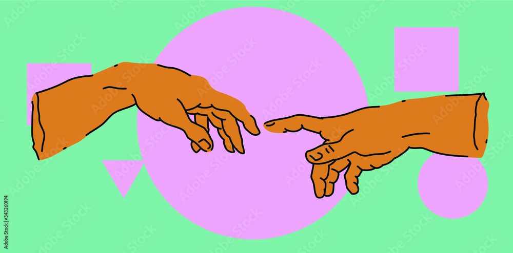 Poster the creation of adam. vector hand drawn illustration from a section of michelangelo's fresco sistine