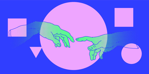 The Creation of Adam. Vector hand drawn illustration from a section of Michelangelo's fresco Sistine Chapel ceiling in neon pink vaporwave style. Fashion print for t-shirt or cover.