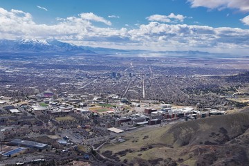 Salt Lake Valley and City panoramic views from the Red Butte Trail to the Living Room, Wasatch Front, Rocky Mountains in Utah early spring. Hiking view of trails around the University and Gardens and 