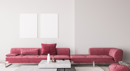 Frame mock up in simple interior with red furniture, modern minimal style, 3d render