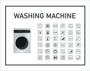 Washing machine manual icon set. Signs and symbols for washing machine exploitation manual. Instructions and function description. Vector isolated graphic illustration.