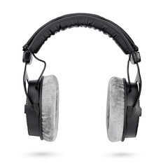 Black studio headphones isolated on white background