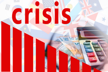 Red lettering Crisis on the background of flags and currencies. Economic crisis. Deterioration of economic indicators. Inflation. The decline in the purchasing power.