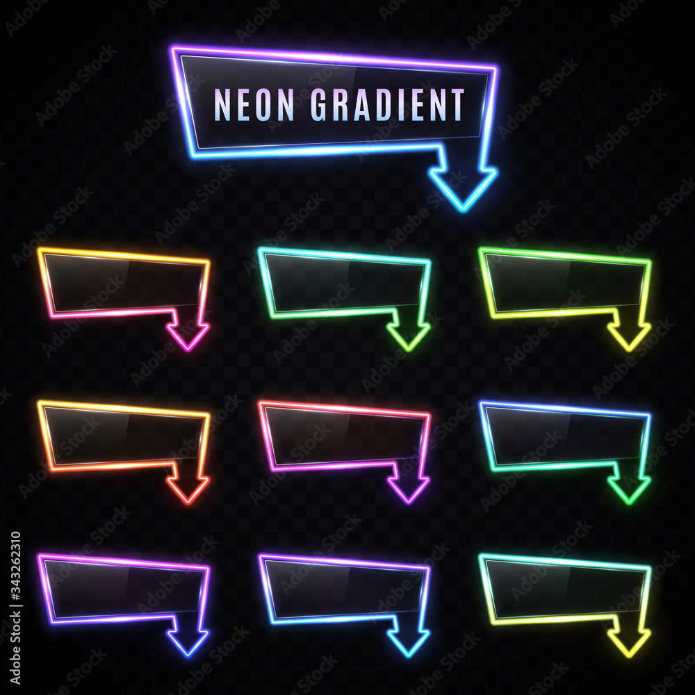 Wall mural neon rectangle arrow gradient banner set on dark transparent background. glowing light frame design 