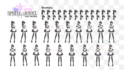 Sprite full length character for game visual novel. Anime manga girl, Cartoon character in Japanese style. Costume of maid cafe. Set of emotions - obrazy, fototapety, plakaty