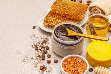 Spa concept. Self care with honey, coffee and turmeric. Natural organic cosmetics, homemade product, alternative lifestyle
