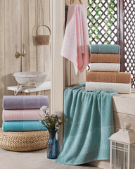 Stack of clean soft colorful towels. 