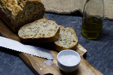 Homemade Wholegrain Bread with Pumpkin Seeds, Linseed, Oat Flakes – served with Olive Oil & Sea Salt