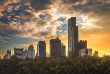 Buildings in Bangkok City at Colorful Sunset
