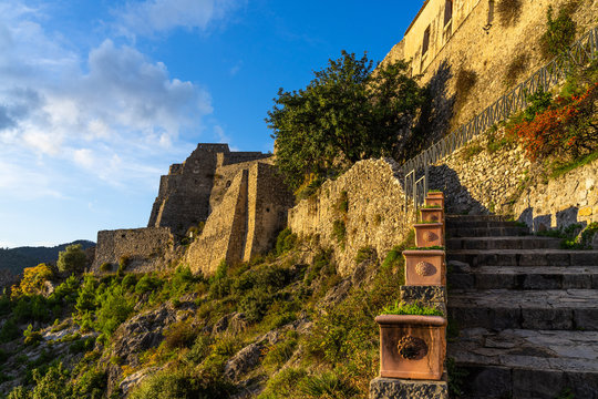 Scenic view at sunset of Arechi Castle, one of the ancient buildings of Salerno, Campania, Italy
