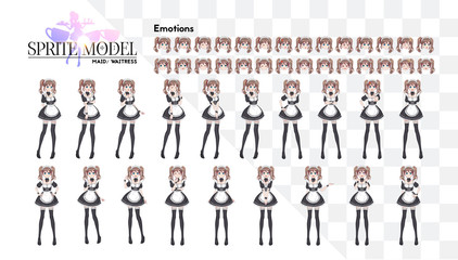 Sprite full length character for game visual novel. Anime manga girl, Cartoon character in Japanese style. Costume of maid cafe. Set of emotions