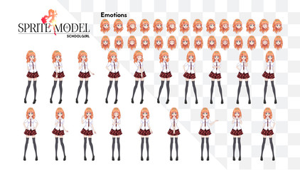 Fototapeta na wymiar Set of emotions. Sprite full length character for game visual novel. Anime manga girl, Cartoon character in Japanese style. In a white shirt, a red skirt in a cage, a tie and black stockings-tights