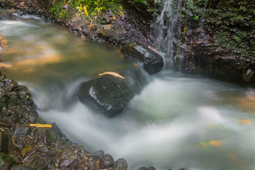 the flow of a waterfall containing mossy black stones