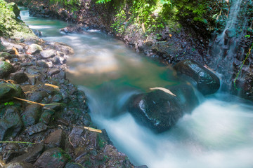 the flow of a waterfall containing mossy black stones
