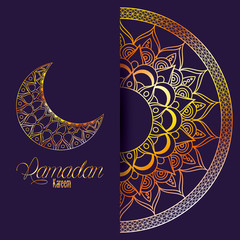 Ramadan kareem card with mandala and golden moon