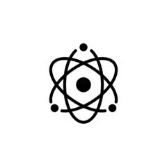 Atom icon in black flat design on white background. Symbol of science, education, nuclear physics, scientific research. Electrons and protonssign