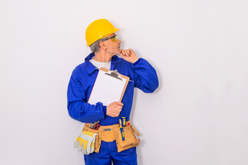 construction worker or laborer on white background thinking